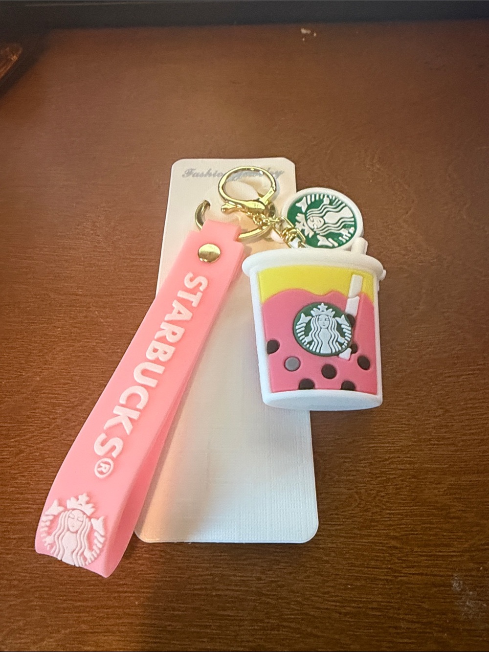 Fashion Starbucks Pink & Yellow Boba Cup Keychain with Pink Strap